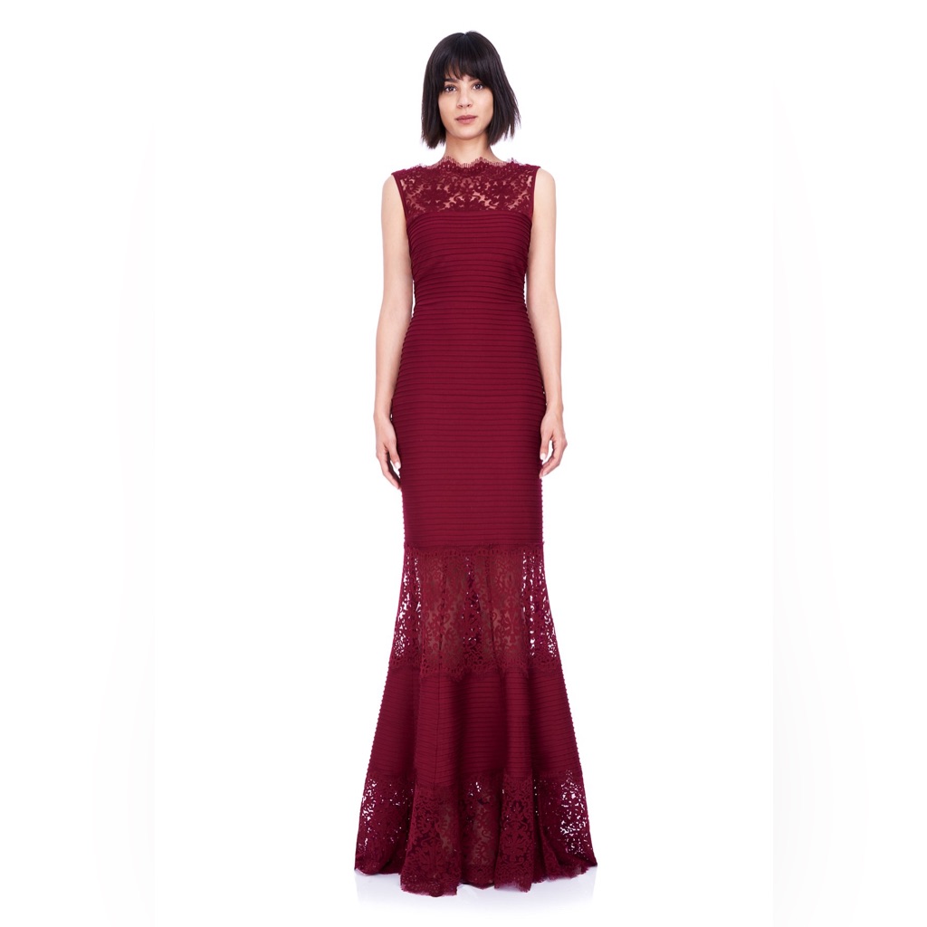 Tadashi Shoji Burgundy Lace Pin Tuck Evening Gown S (Worn 1x Dry Cleaned, Mint)
